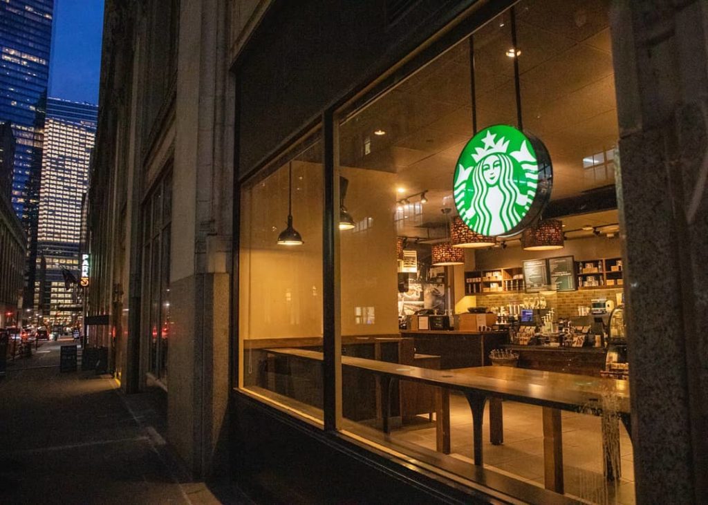 A Starbucks store stands empty, still impacted by remote work